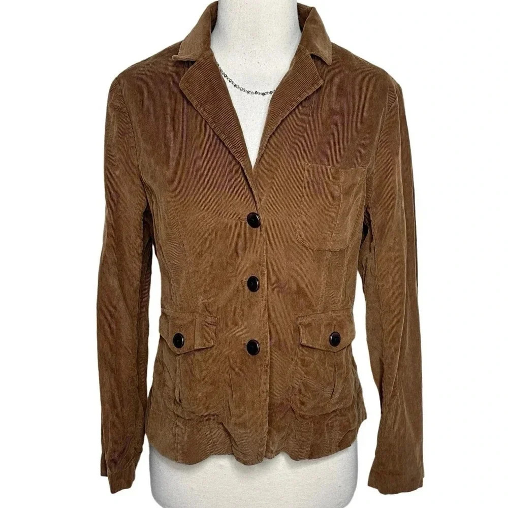 Talbots Corduroy Blazer 8 Brown Stretch Elbow Patch Button Front Utility Jacket